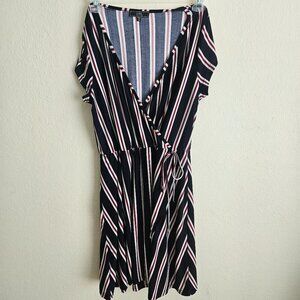 Red white dark blue faux wrap stripes nautical soft midi dress 1X
